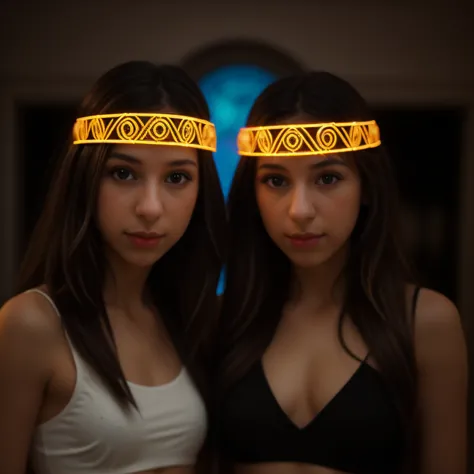 halo de neon luminoso, there are two hildren girls with blonde hair in front of a ring of fire,