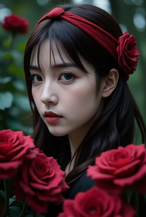 a hauntingly beautiful close-up of a young east-asian woman in a dark, mystical garden surrounded by deep red roses. she has lon...