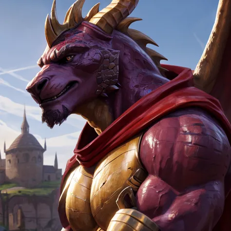 muscular dragon anthro male, spyro, dark medieval fantasy, detailed genitalia, big testicles, big penis, naked, 2 horns, 2 wings...