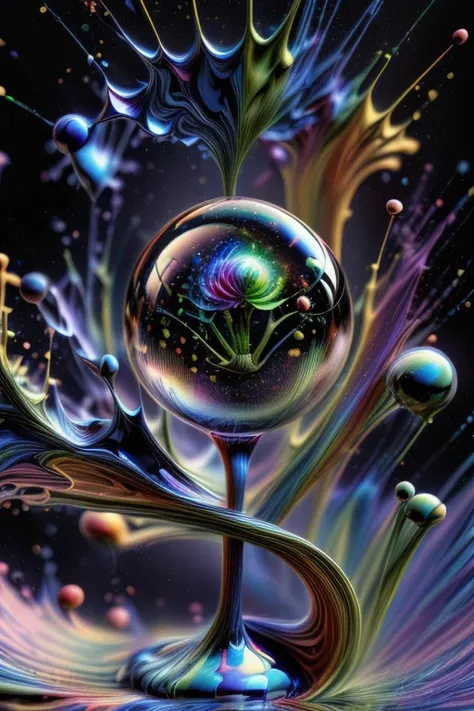 Images of extreme light emerging from colors in a psychedelic dream, shimmering glass morphing out of colors, tripped out bright and vibrant colors, perfectly formed beautiful reflective spheres and bubbles, ultra attention to detail on the bubbles and the...