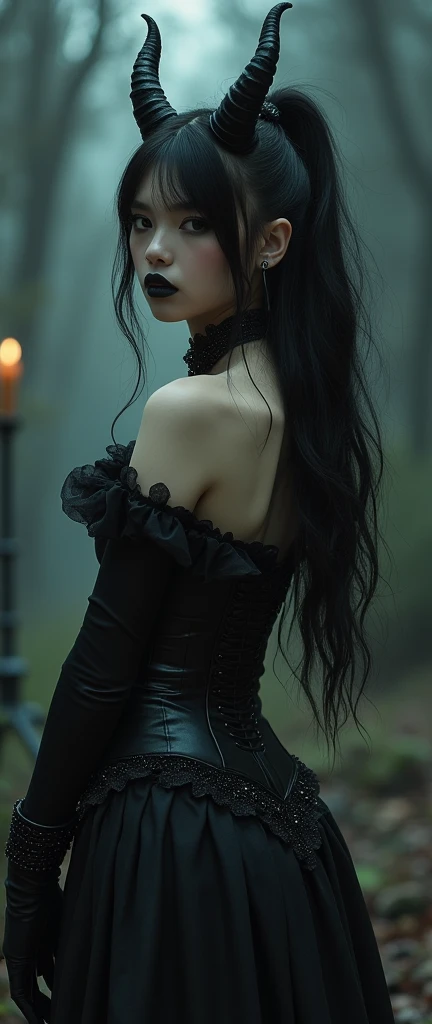 Victorian Gothic ~ Amazing Beauty a goth girl with pale skin, dark makeup, black lipstick, devilish horns, dark clothes, back corset, goth fishnets stocking tight, goth accessories, standing in a dark moody environment, (best quality,8k,highres,masterpiece...