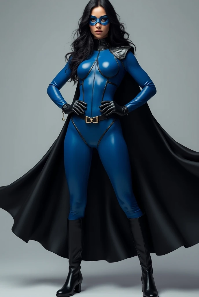 généré moi une superheroine américain avec une jupe noir ,A blue bodysuit,A black belt ,une cape noir et des bottes noir et les cheuveux noir et les yeux bleu 
 Montre tout sont corps 

