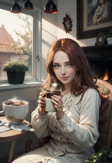 chiron_SimoneSimons woman, ((redhead woman)), (( brown eyes)), cute young woman, olive skin, brunette, not,((Polish ethnicity :)),  enjoying a garden , Relaxed atmosphere), (( drinking coffee)), (( Classic interior design )),  comfortable chairs ,  sunligh...