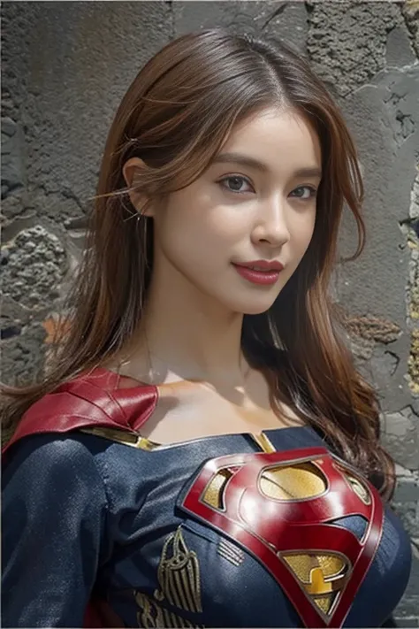 Best Quality, Realistic, photoRealistic,  1 portrait at the time of winning the award, ( intricate detail: 1.2), (Subtle details), ( intricate detail), (Cinematic Light),  1 Mature Woman , Well-groomed super medium hair ,  Supergirl,  bouncy breasts that a...