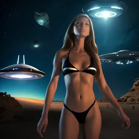 american woman in bikini surprised by ufo appearing overhead, spooky coast、inspired by jerry schatzberg, ufo napping, ufo lighti...