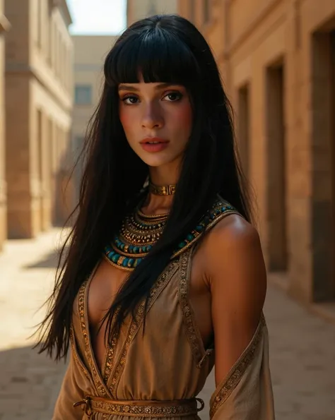  a realistic professional cinematographic photograph of a Greek woman from ancient Egypt on a dirty street in an ancient Egyptian city wearing period costume and hairstyle also in season,  straight hair with straight bangs in the style of Egyptian queen Cl...