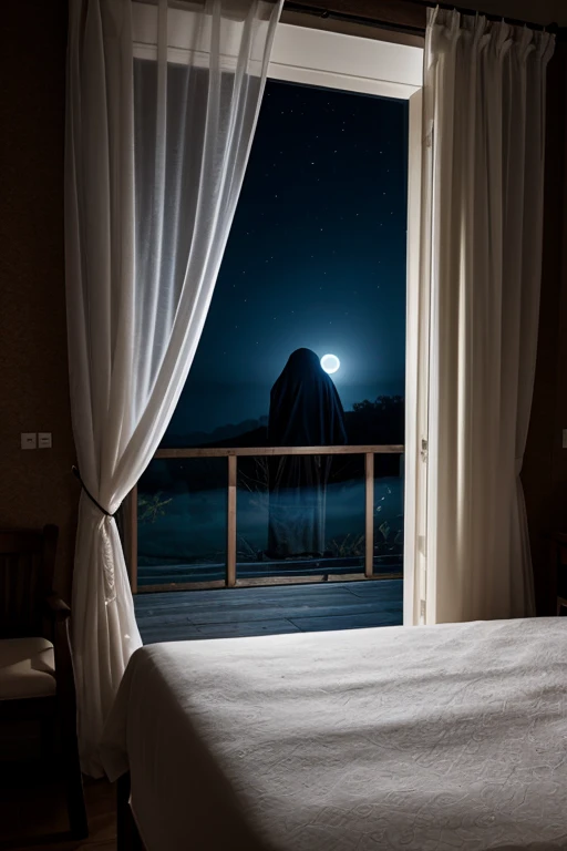 Windy night, A ghost watching behind the slightly opened curtain, Dizzying dream, Covered bed by Dawn mist, 
