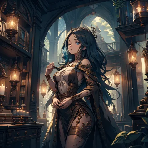 masterpiece, best quality, (extremely detailed CG 8k wallpaper), (best quality), (best illustration), (best shadow), Beautyfull woman, magic library, 