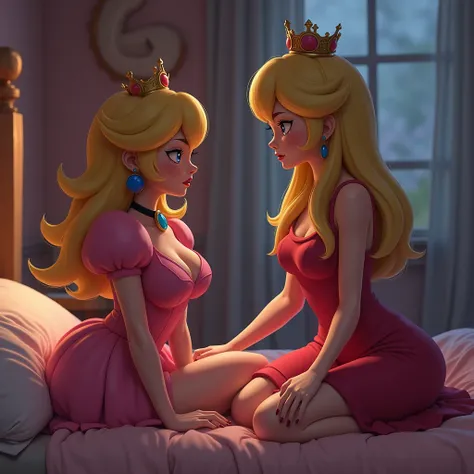 Realistic Princess Peach, with her boobs visible, sitting on bed with sad crying expressions, Amy Rose the pink hedgehog from Sonic, wearing her classic red dress, asking something looking at Princess Peach. The background is a light pink room at night wit...