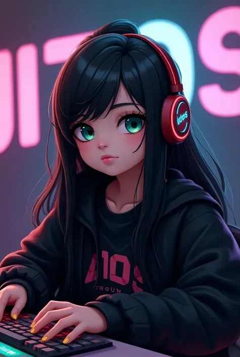 Pixar promotional poster of a chubby woman with white skin smooth black hair green eyes black sweatshirt brand Call of Duty Mobile gaming headphones playing includes the word Öjitos・in large in the background