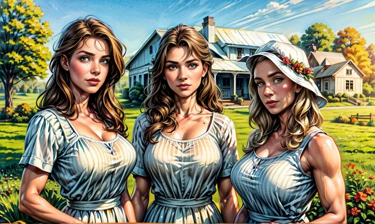 a close-up of 3 gorgeous uniquely different Caucasian farming sisters and a handsome stern muscular father. all are dressed for the farm and standing on the porch of a beautiful white heritage farmhouse in the mid-west on a sunny afternoon, looking at you.