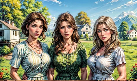 a close-up of 3 gorgeous uniquely different caucasian farming sisters and a handsome stern muscular father. all are dressed for ...