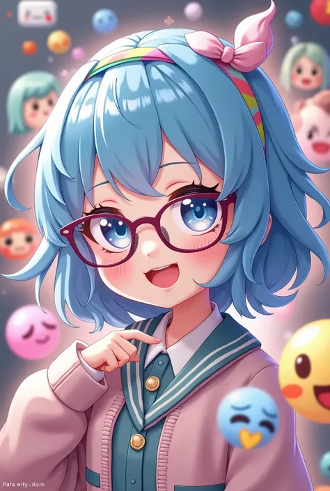 Screenshot of the live webcast page ， Cute virtual idols wearing glasses ， Short blue hair wearing headbands ， A chat room with various emoticons and chat content {x} is streaming indoors， A chat room with various emoticons on the page ， The live page has ...