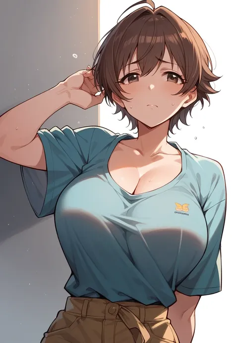 my honda idolmaster,  big breasts ,  short brown hair , depressed