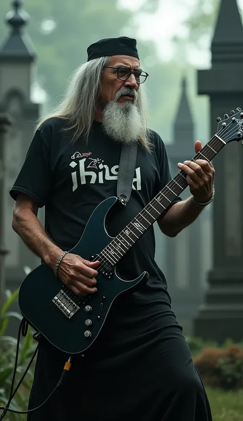 heavy metal guitarist, slightly fat old man grand father, long straight flowing hair make black songkok or kopiah, glasses eye,wearing a black t-shirt with the text "JIHAD" written on it, sarong wear, energetic live guitar performance, Zakk Wyed Series gui...