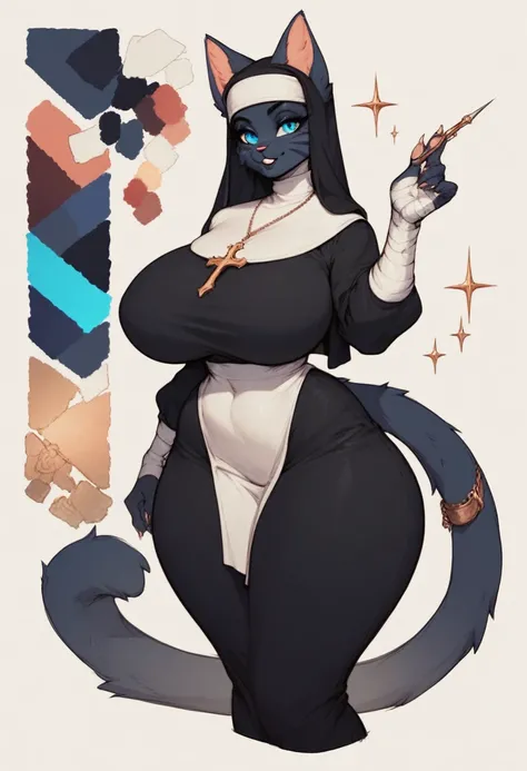 ((furry cat female)) , huge wide hips, wearing  nun Clothing   , Black Shadow  body ,  Bandage , big animal ears, haircut ,Dark blue , BLUE pupils, , huge Breasts ,((Better quality )),Simple background,character sheet 