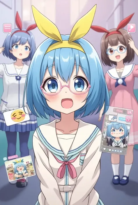 Screenshot of the live webcast page ， Cute virtual idols wearing glasses ， Short blue hair wearing headbands ， A chat room with various emoticons and chat content {x} is streaming indoors，The page has a chat room， The live page has two or three pop-ups ，