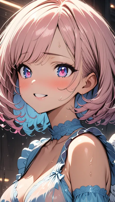 （pastel blue short curly hair）、saliva、(steam:0.8),(wet:1.2),(sweat:0.8),(trembling:1.2)、（ dazzling light illuminates the subject:1.2）、Particles of light、Angel Wings、 Circle of Clear Angels 、（ heart pupils:1.3） , smile、（  Composition from directly below :1....