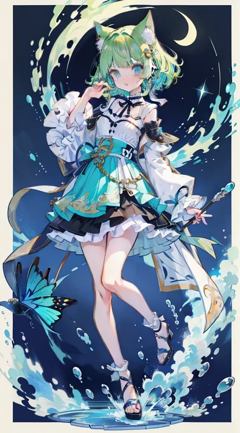 ((masutepiece, Best Quality:1.1))、8K、(Full body standing pose)、Beautiful girl with green hair，Curly，disheveled hair，Cats ears, white dres，A deep blue gemstone is set on the chest.......，bare-legged，Wear a blue ankle ring on your ankle，(Holds the azure jewe...