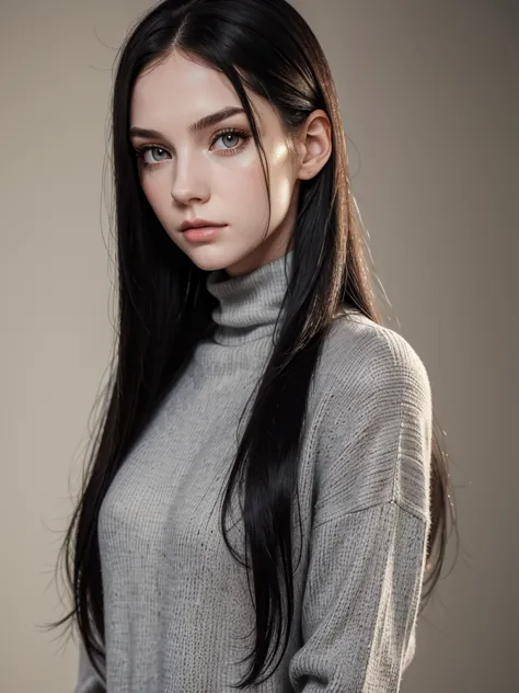 (best quality), 1girl, female, pale skin, (black hair), long hair, straight hair, grey eyes, perfect eyes, turtleneck sweater, s...