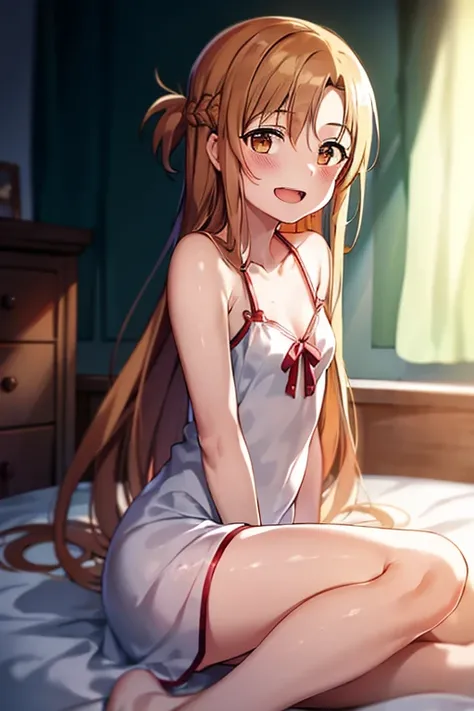 ((Best Quality)), ((masterpiece)), (be familiar with),  perfect face, indoor, bedroom,  watching viewers,
One woman, Yuuki Asuna,
 characters with open mouth ,  ecstatic expression , blush, smile,
Small breasts,  flat chest, , ,  kids, Girl,
Long Hair,  lo...