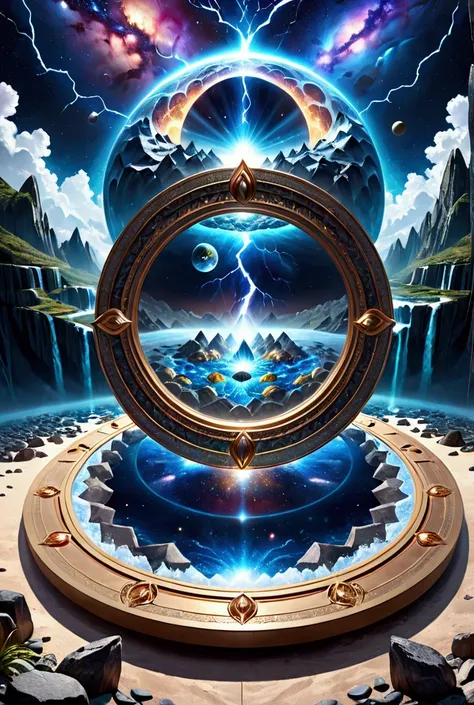   Ultra realistic 3D image of a multi-colored stone mandala, Inside the mandala ,  a water world appears  ,  Galaxy and asteroid background with blue lightning  ,  ultra detailed , 8k