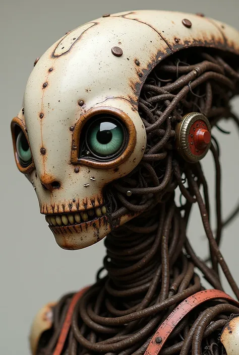 a beautiful surreal old alien hybrid of a robot, low rusted, cables iron, roots perfect eyes, ultra-realistic illustration, comp...