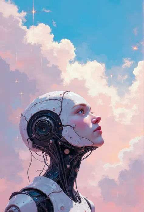 a lone bot sa looking up at the vast airy sky,beautiful detailed eyes,beautiful detailed lips,extremely detailed eyes and face,l...