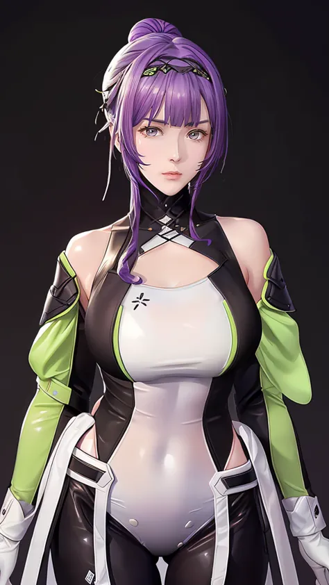 (（（figure，御姐figure,white and tender skin,（（（black、white and green clothing，black gloves,bodysuit，）））,(（（purple long hair，hair ba...