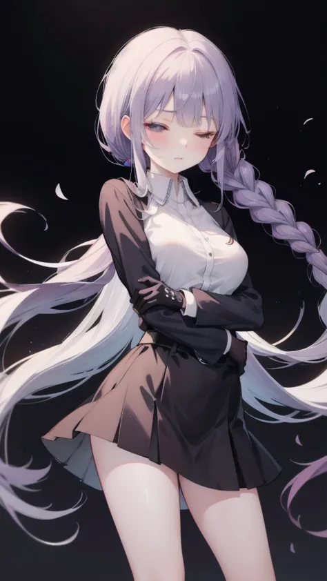 kyoko kirigi stands alone against a simple white background 。 her long purple hair is tied in a ponytail ， with braids on the si...