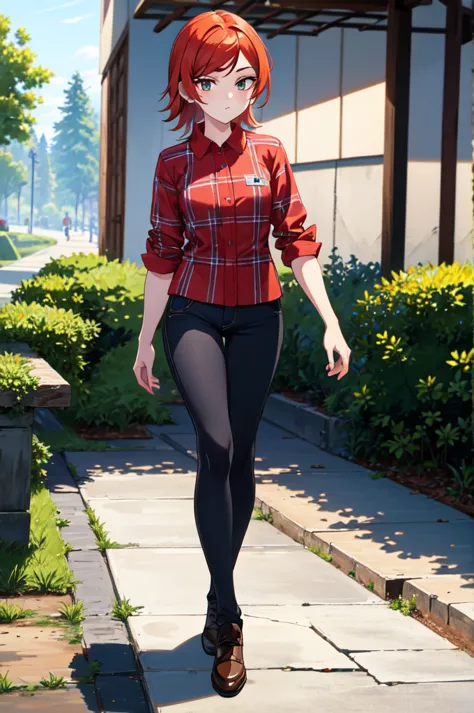 a gwendolyn_tennyson walks through a crowded park, (red plaid shirt, leggins), full body, (detailed face, detailed nose), soft l...