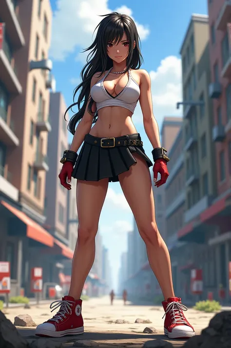 Character Tifa Lockhart wearing a white navel blouse showing ,  a black micro-skirt and red sneakers in combat pose in an urban setting 