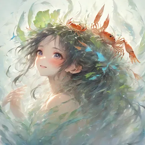 (masterpiece, best quality, hyper detailed:1.4), spirit of the wind, in the fog,
gradient blue background, crab, fish,
1 girl, c...