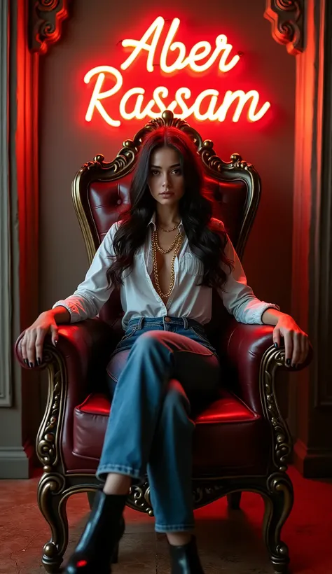 Une fille marocaine portant un jean et une chemise boutonnée, et portant une chaîne en or sur sa poitrine sexy. Elle est assise sur une chaise VIP, une chaise royale, plaçant un homme sur un autre, portant des chaussures en cuir aux pieds et aux cheveux. e...