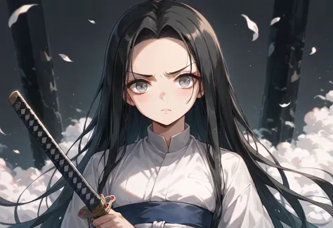 1; anime style demon slayer ,  ren yuki snow pillar long black hair down to her lower back very well kept even though she doesn'...