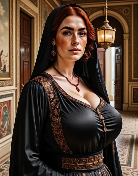 Photorealistic, cinematic style, close -up picture of a beautiful British woman dressed like a Byzantine noblewoman in the early middle age. Shes in a decorated hallway, frescoes , mosaic floor, tapestries. Hanging oil lamps. Shes wearing a richly decorate...