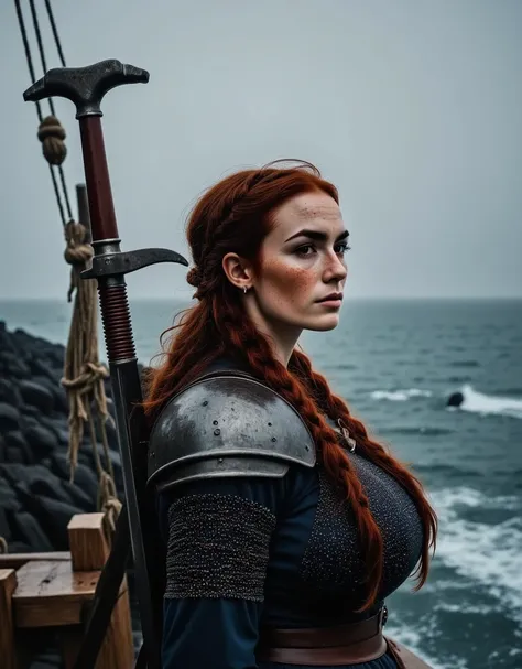 Photorealistic, cinematic style, a picture of a beautiful British woman dressed like a viking shield maiden. Shes standing at the brow of a viking ship, looking far into the horizon. Shes wearing a chainmail armour, a longsword strapped to her back. Shes g...