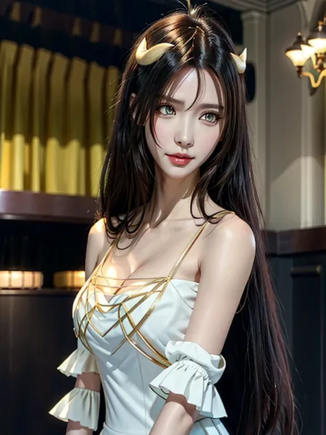 masterpiece, Best Quality, Super detailed, Illustration,  Epic Lighting,  Cinematic Composition, Equal length method,(六horn形:1.2),  1 girl, horn, Alone, Yellow Eyes,  Black Hair , Long Hair, (Low Wing:1.2),  big cleavage, Bare Shoulder,   hair between eyes...