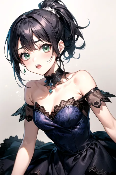 (best quality)、(best quality)、cute、( choker).emerald eyes、( ponytail)、( black hair )、(cuteドレス).( lace dress).(( little character...