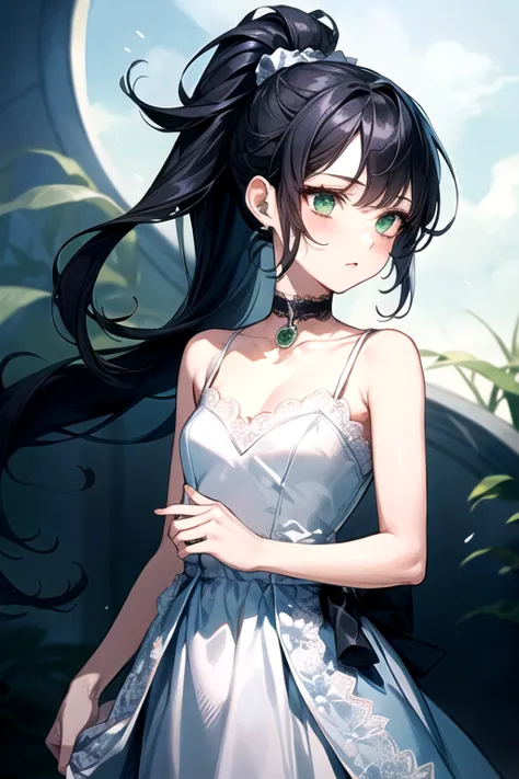 (best quality)、(best quality)、cute、( choker).emerald eyes、( ponytail)、( black hair )、(cuteドレス).( lace dress).(( little character...