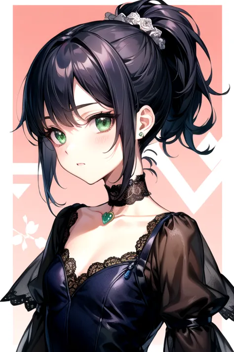 (best quality)、(best quality)、cute、( choker).emerald eyes、( ponytail)、( black hair )、(cuteドレス).( lace dress).(( little character...