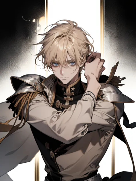 alone , 1 male, relaxed, messy blond hair with bangs in a low ponytail, white knight, beautiful, in a castle,