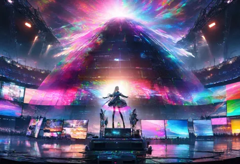 virtual idol, ((transparency through holographic projection transmission processing for aesthetic color expression applying super retina technology, Translucent texture )), captivates all viewers,  computer server in the center :1.5, Hovering over computer servers:1.2, 夜空に美しい hologram diva  が両手を広げて歌う:1.5, computer server と hologram diva  がシームレスに重なる:1.5,(Double Exposure:2.0), hologram diva \whole body:1.5, Large crowd around\Large crowd:1.3\Fascinating\A beautiful diva sings with open arms above , (UHD:1.4 retina:1.3, masterpiece:1.25, high details:1.4, best quality:1.5), Outdoor concert venue , Future World