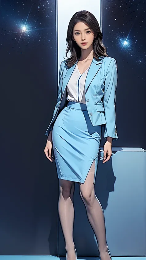 ((masterpiece)),(((Best Quality))), thin thighs,Long legs,Full Body Portrait，( one woman:1.2),( Wear silk pantyhose and thick, pointed heels ：1.2),(Wear a light blue blazer jacket and a light blue pencil skirt:1.4), Model Pose ，night、wind、Starry Sky、moon、 ...