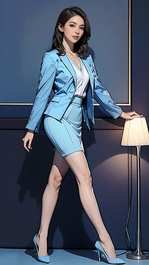 ((masterpiece)),(((Best Quality))), thin thighs,Long legs,Full Body Portrait，( one woman:1.2),( Wear silk pantyhose and thick, pointed heels ：1.2),(Wear a light blue blazer jacket and a light blue pencil skirt:1.4), Model Pose ，night、wind、Starry Sky、moon、 ...