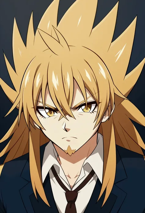 (masterpiece, best quality:1.2), 1boy, shuuto, mature male, solo, blonde hair, long hair, crossed bangs, spiked hair, anime coloring, highly detailed, brown-blue suit, yellow eyes, goatee, tsurime, serious, 2015