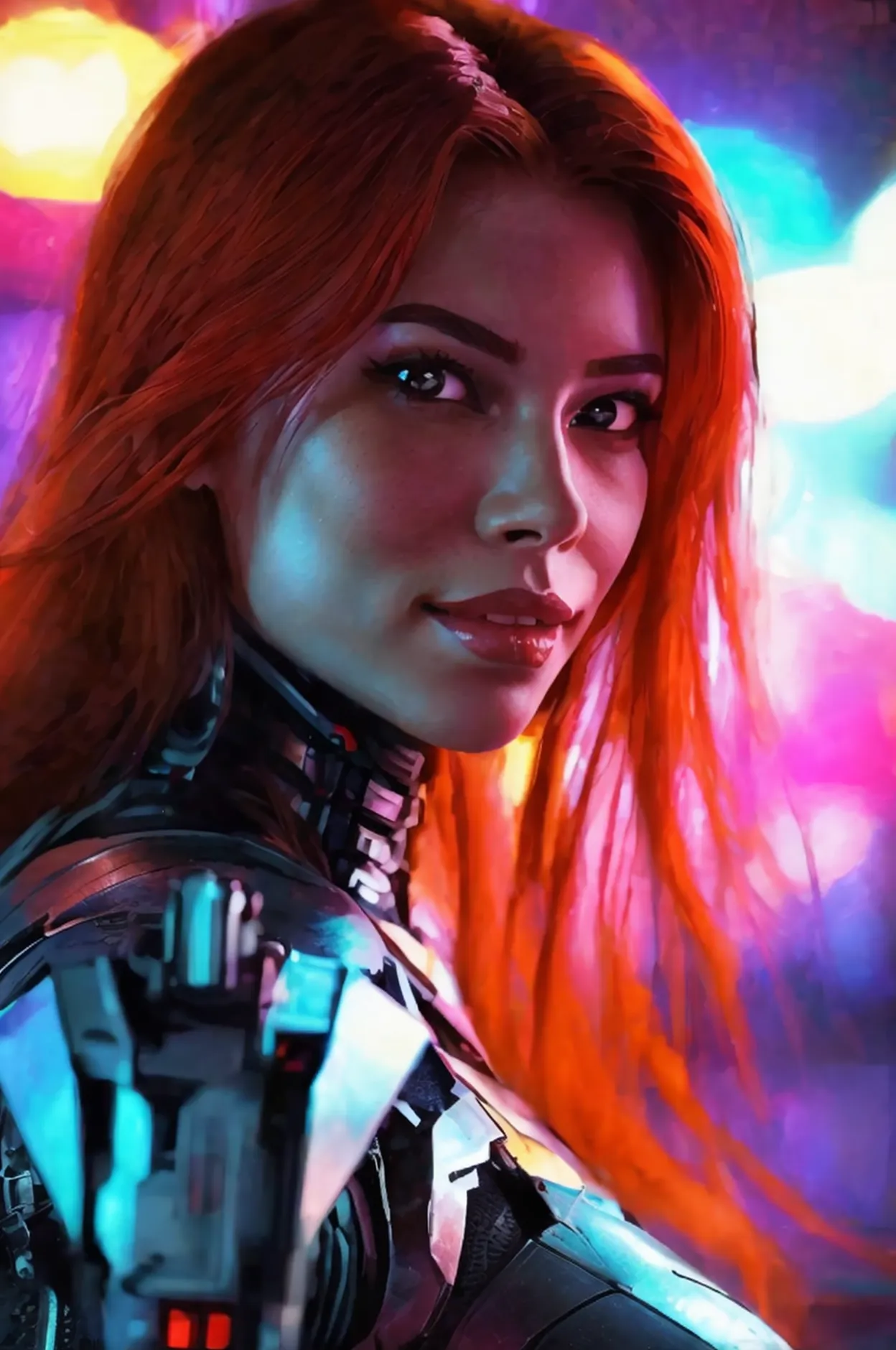 beatiful female cyber-warrior, red long hair, very beatiful,assfrontview, smiling, neon, stipclub background, modern guns
1girl,...