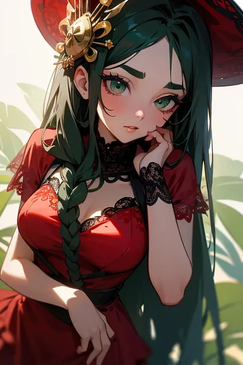 (Best Quality, masterpiece:1.2),   High image quality,    very detailed, Realistic:1.37,    fantasy  ,  Illustration, green eyes、   queen   , ((Red lace swimsuit)).Platinum decoration、beautiful、   eyeshadow red   、   thick eyebrows、   Long eyelashes  、 My ...