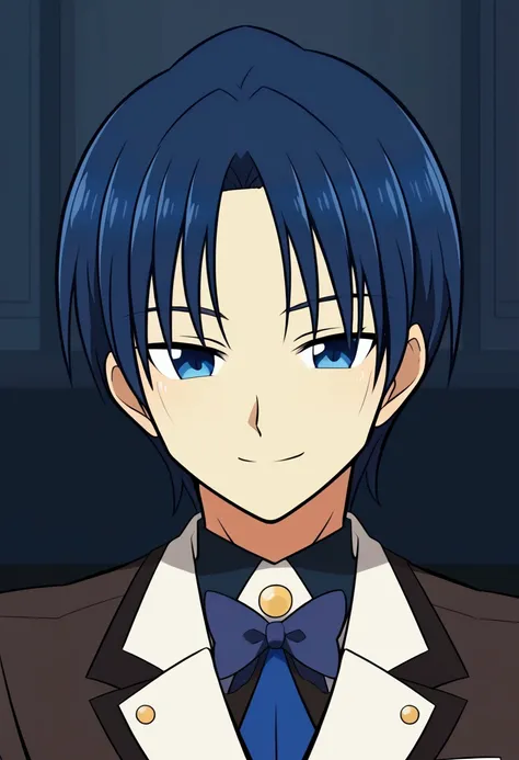 (masterpiece, best quality:1.2), 1boy, shawn-zu, mature male, chinese male, solo, dark blue hair, very short hair, parted bangs, anime coloring, highly detailed, suit, blue eyes, tsurime, half-closed eyes, serious, smile, 2015