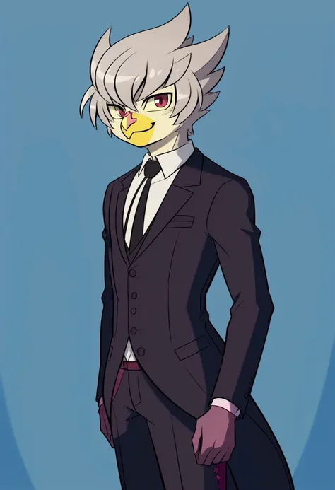 (masterpiece, best quality:1.2), 1boy, naito, prince, alien, furry, bird, owl, male, solo, light grey hair, very short hair, anime coloring, highly detailed, formal, suit, red eyes, serious, smile, 2015